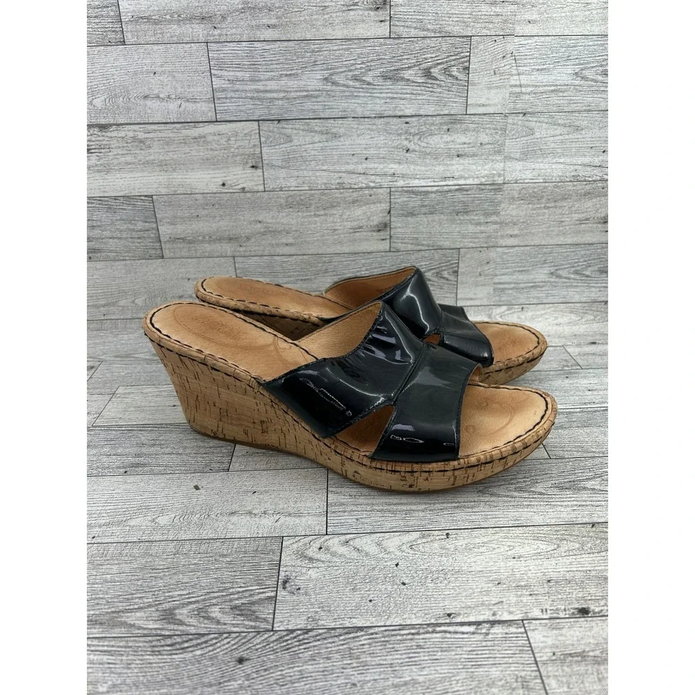 Born B94609 Black Patent Leather Cork Wedge Slide Sandals Women Sz US 10 EU 42